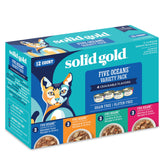 Solid Gold wet cat food variety pack 12ct front shows variety to please picky eaters