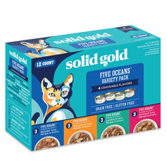 Solid Gold wet cat food variety pack 12ct front shows variety to please picky eaters