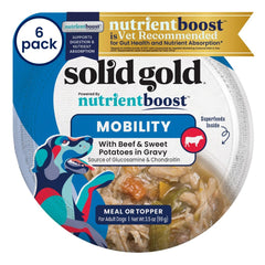 Solid Gold beef-sweet-potato topper pack shows convenient six-pack meals