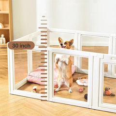 SOLOWINNER Clear Puppy Playpen assembly diagram demonstrating tool-free setup.