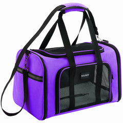 Soundy dog carrier medium purple front view shows airline-ready portability for small pets.