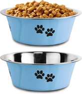 SOUXU stainless steel dog bowl blue close-up with durable non-slip design.