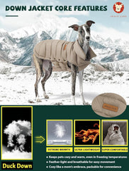 Space Lion dog puffer jacket back view reveals full coverage and windproof design.