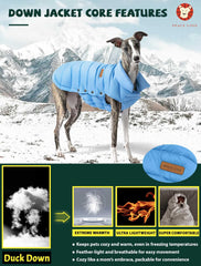 Space Lion dog puffer jacket side view highlights adjustable fit for growing, active small dogs.