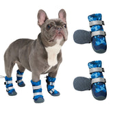 Spark Paws blue camo dog shoes closeup show rugged fabric and comfort for outdoor adventures.