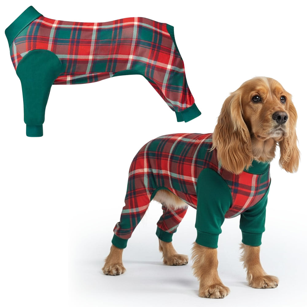 Spark Paws dog Christmas pajama 4way stretch close-up for comfortable movement.