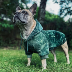 Spark Paws dog hoodie green-skydye leash opening supports easy harness attachment.