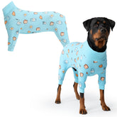 Spark Paws dog pajama front view in breakfast blue highlighting 4-way stretch comfort.