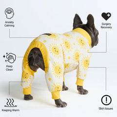 Spark Paws dog pajama fabric detail highlights calming fleece interior and durable stitching.
