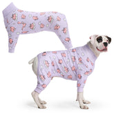 Spark Paws dog pajama front view in purple shows four-way stretch for comfy movement