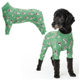 Spark Paws dog pajama front view shows 4-way stretch for flexible movement.