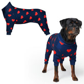 Spark Paws dog pajama front view shows heart pattern and secure, comfortable fit.