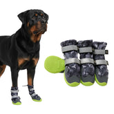 Spark Paws dog shoes gray camo front view shows secure-fit design for outdoor adventures.
