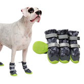 Spark Paws dog shoes gray camo packaging showing product contents and packaging details.