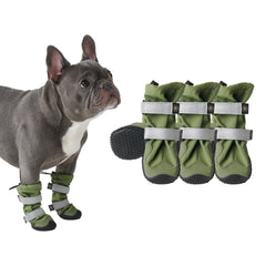Spark Paws dog shoes pack green on shelf showing all-terrain paw protection.