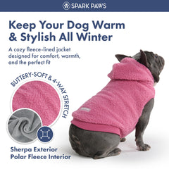 Spark Paws fleece dog jacket with adjustable double-breasted fit across sizes