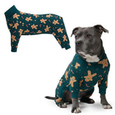 Spark Paws Gingerbread Man Pajama front view highlights a comfy, cozy fit for all dog sizes.