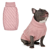 Spark Paws Knit Dog Sweater pink cableknit front view shows snug stretch fit.