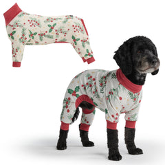 Spark Paws Mistletoe dog pajama front view showing cozy fit and festive styling