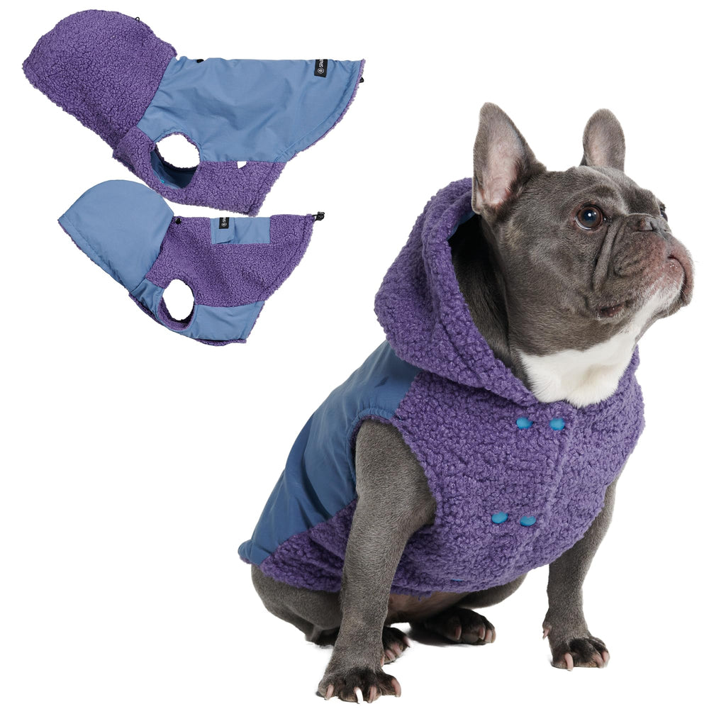 Spark Paws reversible fleece dog jacket front view in purple for cozy warmth on walks.