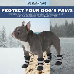Spark Paws secure-fit boots with dual-velcro straps prevent loss.