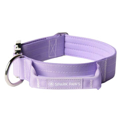 Spark Paws Tactical Dog Collar purple closeup displays rugged nylon and durable buckle.