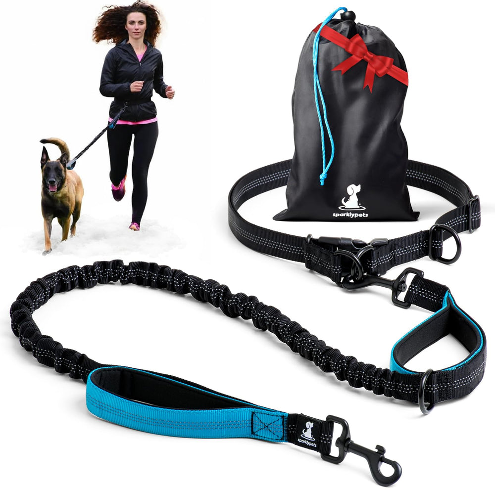 SparklyPets hands-free dog leash belt with dual stainless steel clips showing secure tension during runs