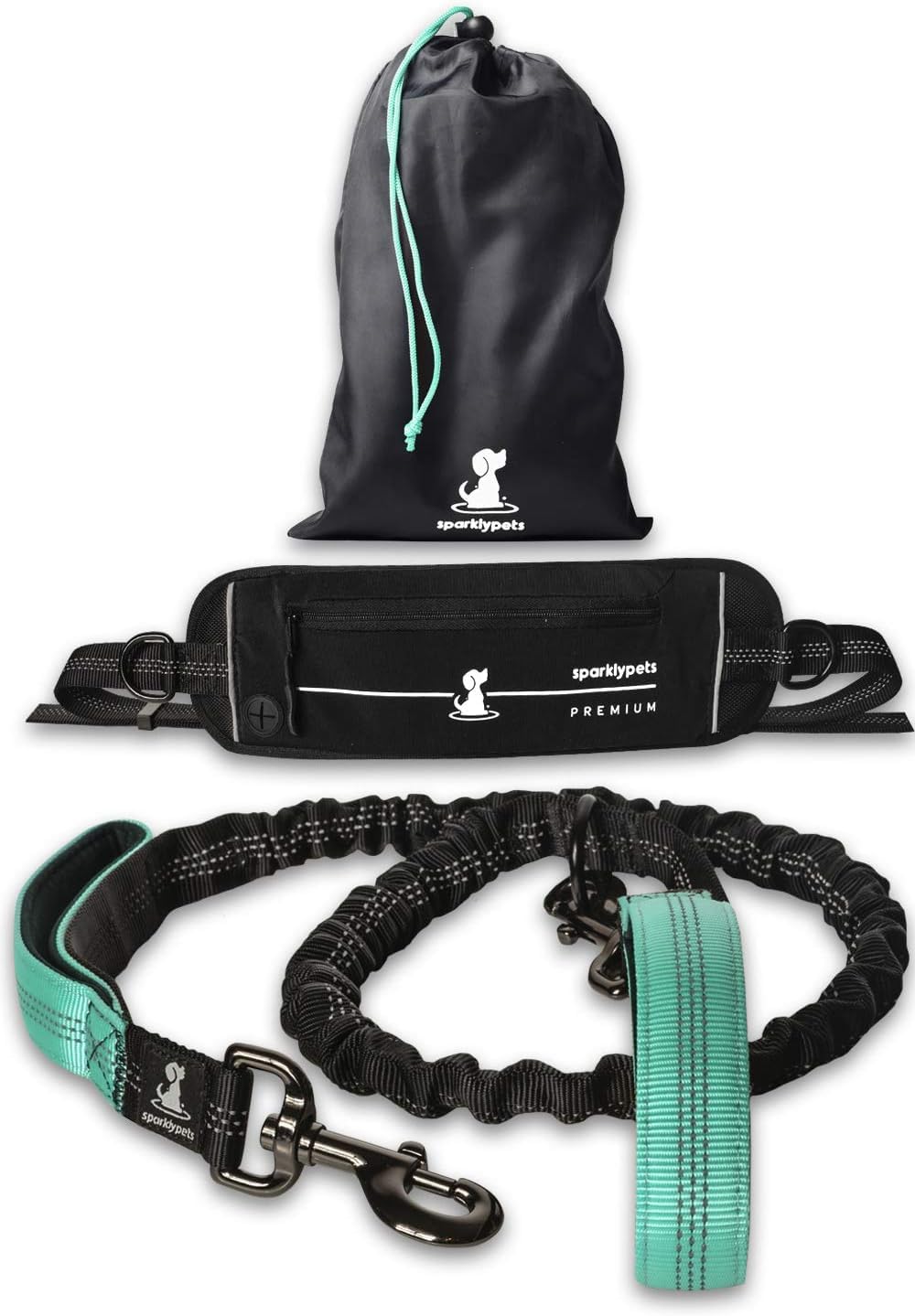 SparklyPets hands free dog leash teal belt clips for secure control during walks