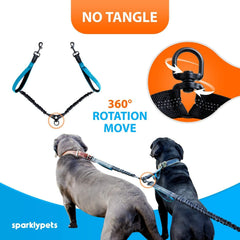 SparklyPets no-tangle swivel keeps two dogs moving freely, reducing leash tangles.