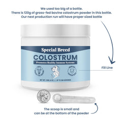 Special Breed bovine colostrum powder serving scoop demonstrates easy daily dosing