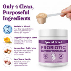 Special Breed dog probiotics serving bowl shows meal-time addition for daily gut support.