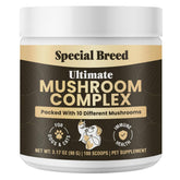 Special Breed mushroom powder bottle front showing the 10-mushroom blend for pet wellness