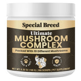 Special Breed mushroom powder bottle label emphasizes organic 10-mushroom blend for pets.