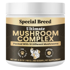 Special Breed mushroom powder bottle label emphasizes organic 10-mushroom blend for pets.