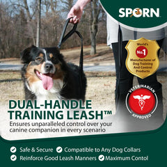 Sporn dual-handle padded leash 6ft handles closeup shows comfortable padded grips.
