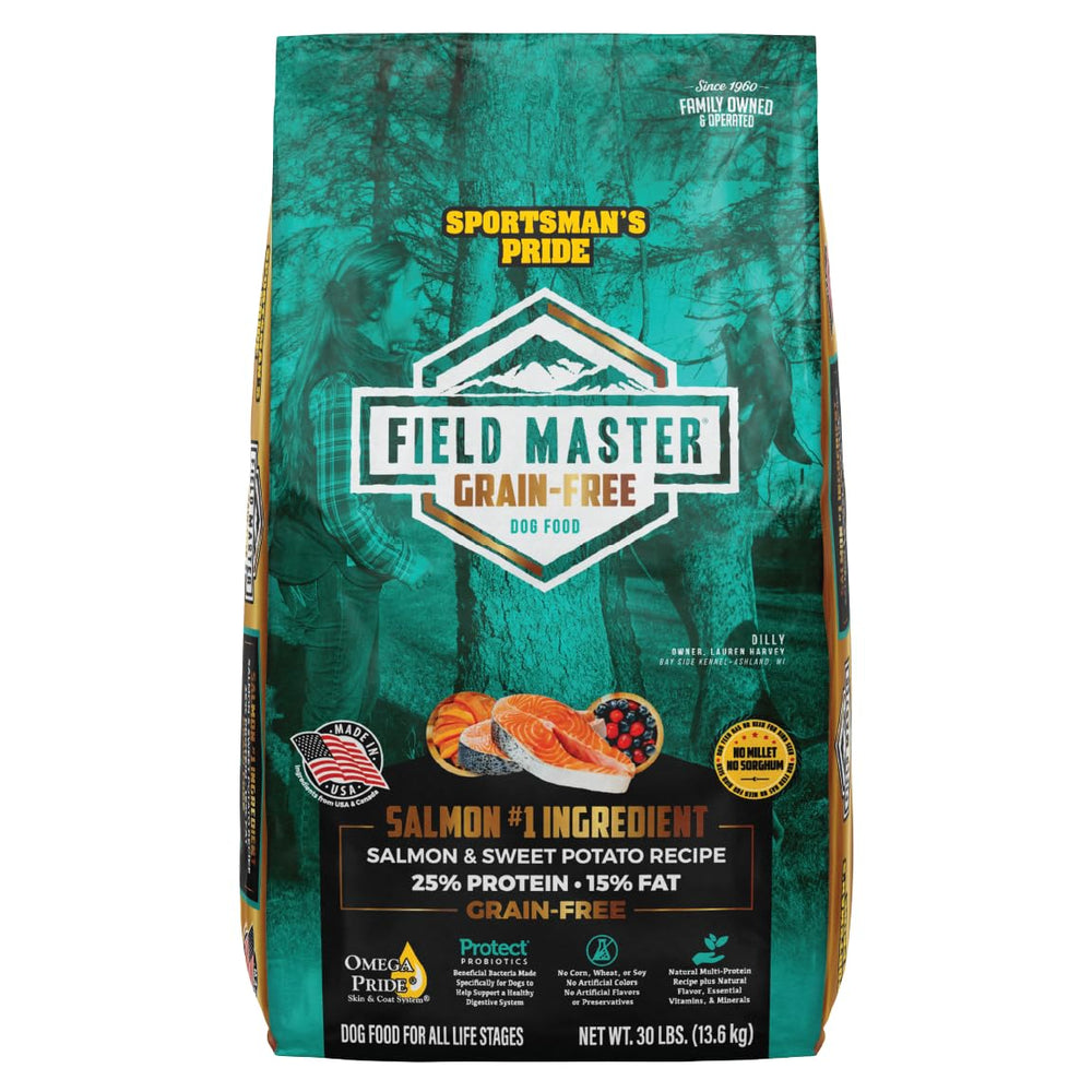 Sportsman's Pride Field Master bag front showcasing grain-free salmon and sweet potato nutrition