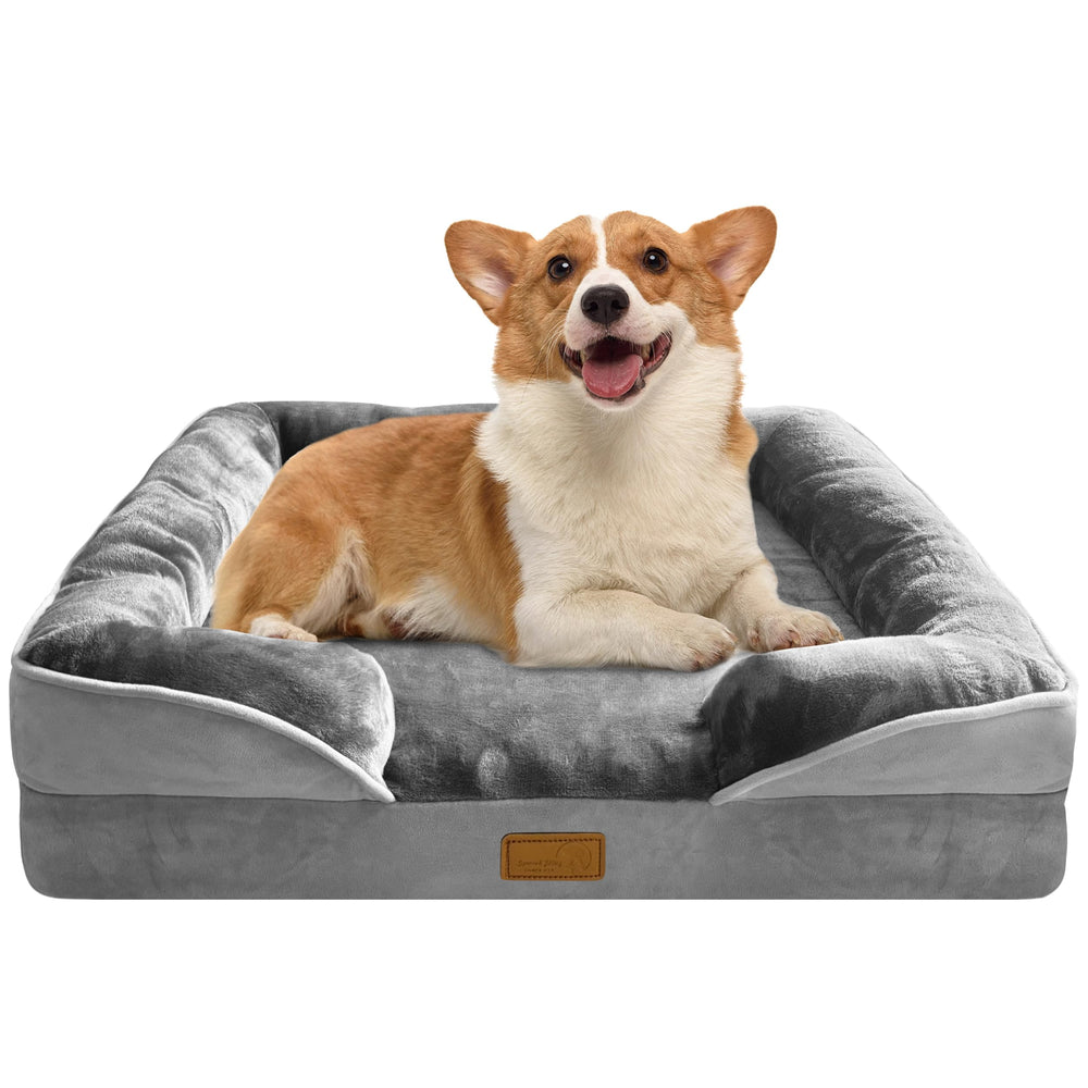 Spotted Play orthopedic dog bed side view highlighting joint-supporting foam and secure structure.