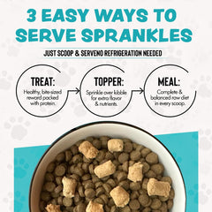SPRANKLES freeze-dried toppers poured over kibble for easier appetite and crunch