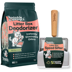 Sprinkle & Sweep deodorizer packaging ready for litter box odor control.