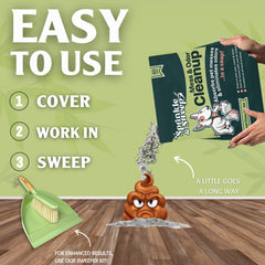 Sprinkle & Sweep powder being sprinkled for quick cleanup on hard surfaces.