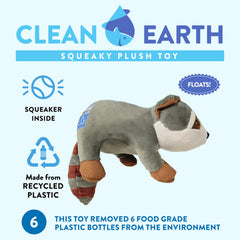 Spunky Pup Clean Earth Raccoon side view highlights durable stitching from recycled bottles for lasting fun.