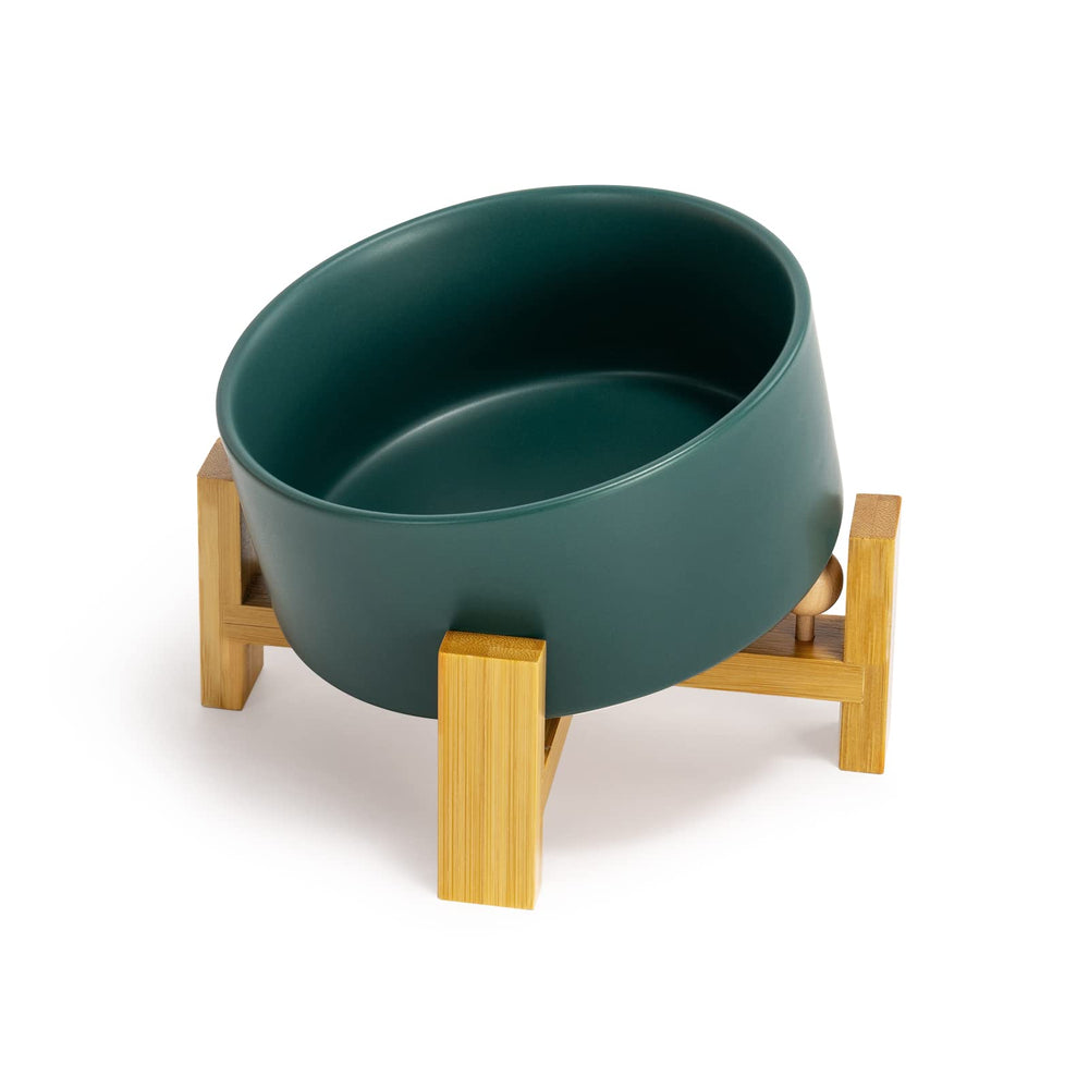 SPUNKYJUNKY tilted ceramic bowl in green for easier feeding and front-loading portions.