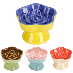 S&Q'S CERAMICS raised slow-feeder blue bowl closeup highlighting stable design.