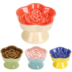 S&Q'S CERAMICS raised slow feeder cat bowl in orange slows meals for calmer eating.