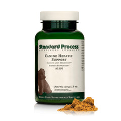 Standard Process Canine Hepatic Support powder label highlighting liver health for dogs.