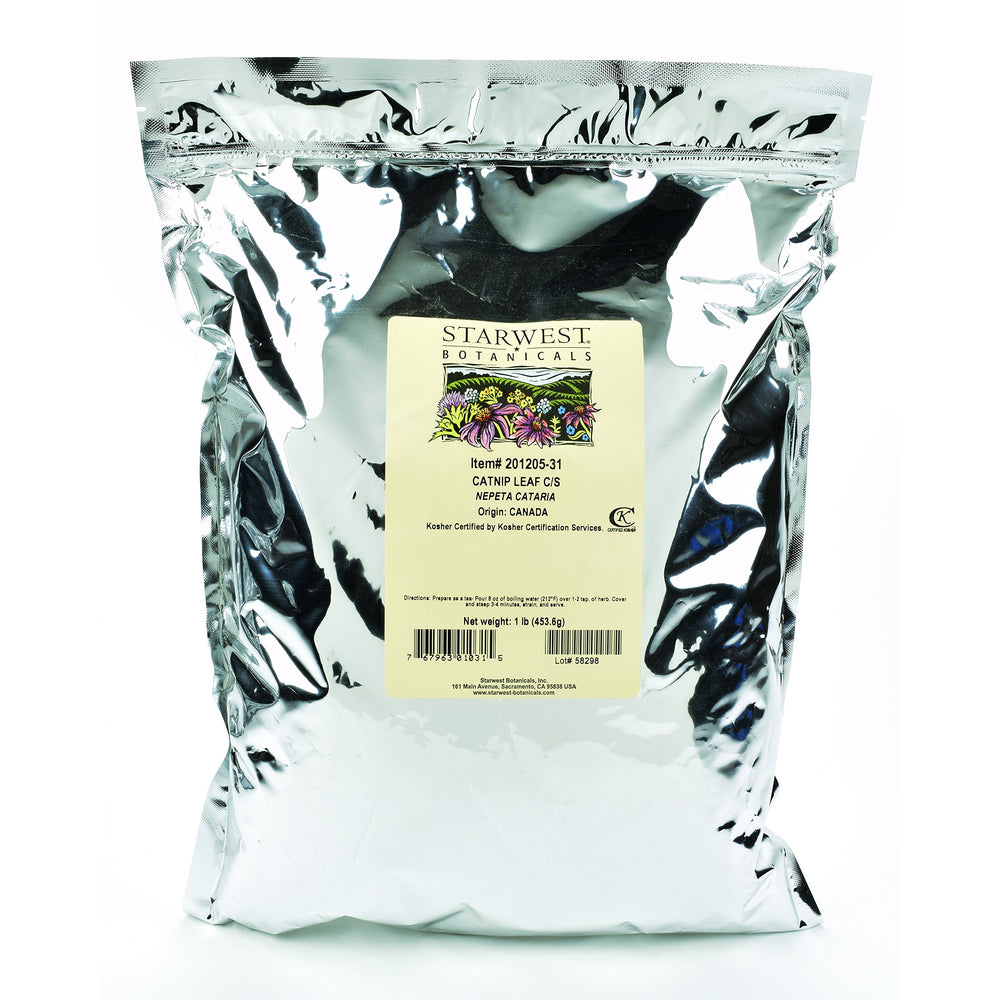 Starwest Botanicals Catnip Leaf C/S close-up showing dried leaves for pet play and crafts.