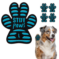 Steady Paws anti-slip paw grips packaging demonstrates easy, non-slip support for older or injured dogs.