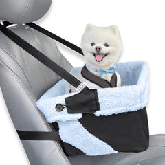 Stella and Bear blue dog booster seat full setup for car trips, secure and comfortable.