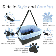 Stella and Bear blue dog booster seat harness clip highlights included leash clip for secure outings.