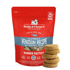 Stella & Chewy's venison patty packaging highlights premium ingredients for picky eaters.